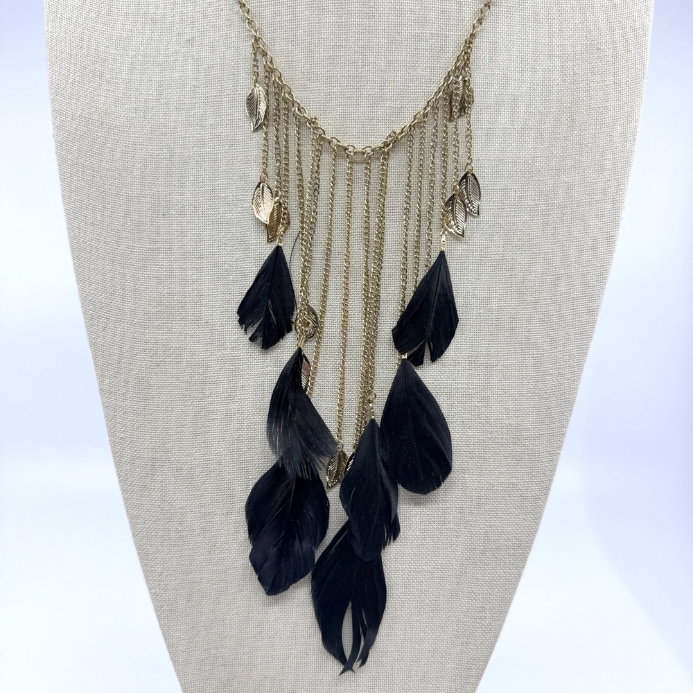 Black Feather Fringe Bib Necklace Gold Tone Leaf Charms Boho Gothic Statement